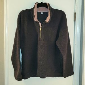 Old Navy 1/2 Zip Sherpa Sweatshirt, XXL, Charcoal Gray w/ Pink Collar